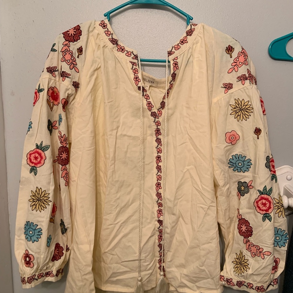 long sleeve creme tunic with flower embroidery